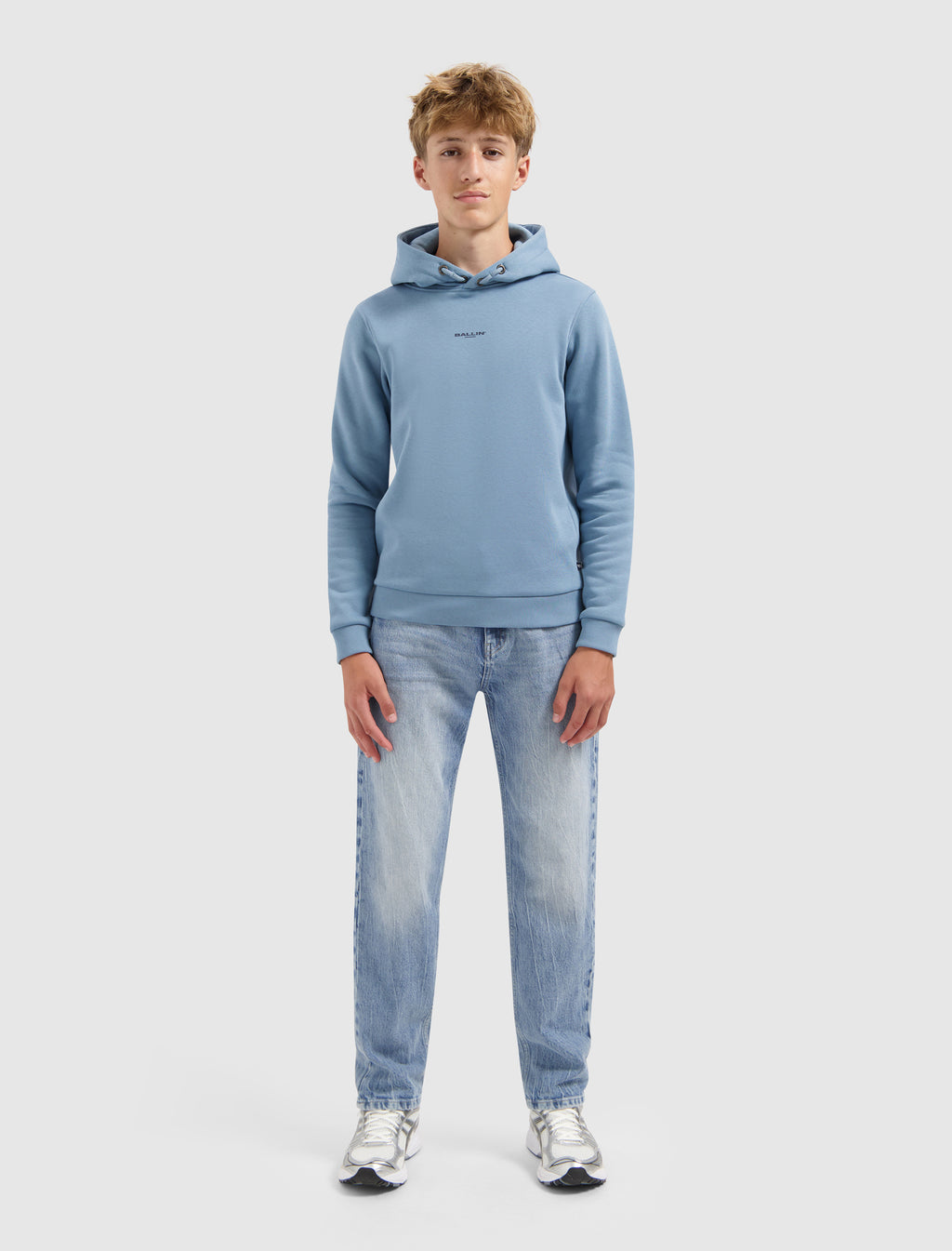 Junior Stacked Logo Hoodie | Mid Blue Grey